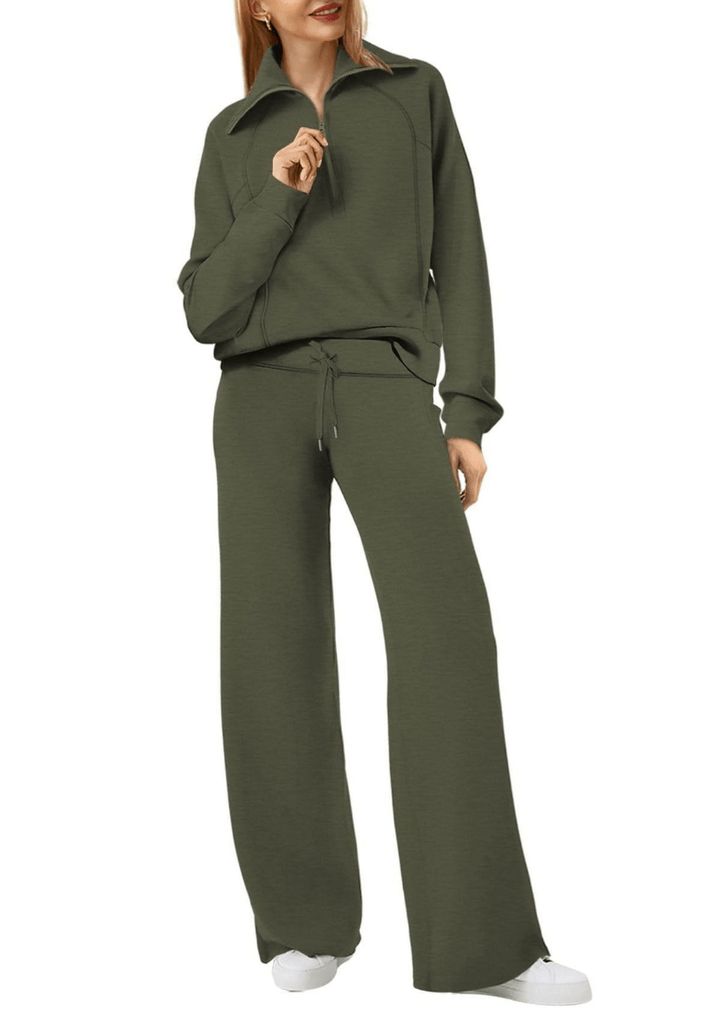 Levoire | Zip & Relax Ensemble Femme Deux Pièces Avec Manches Longues Confortable vert olive