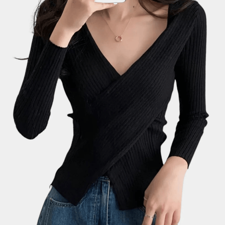 Levoire | Pull Femme Tricoté Chic Tendance Pull Élastique Avec Col V Noir