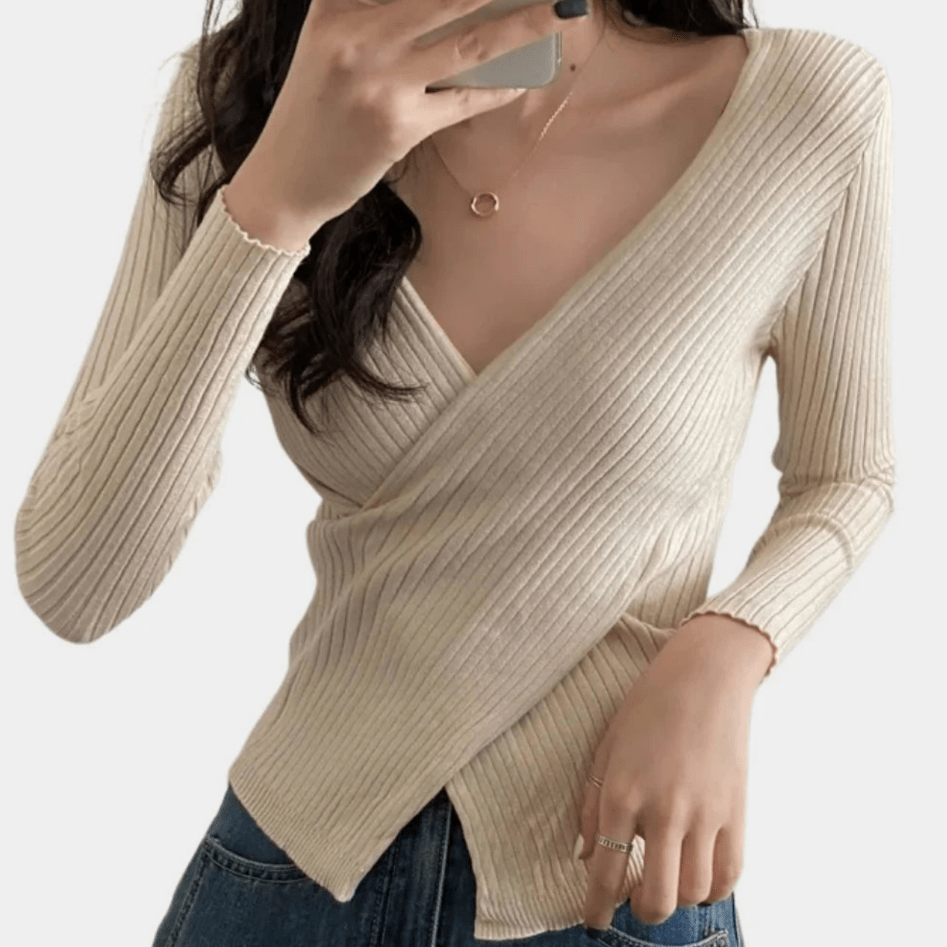 Levoire | Pull Femme Tricoté Chic Tendance Pull Élastique Avec Col V Beige