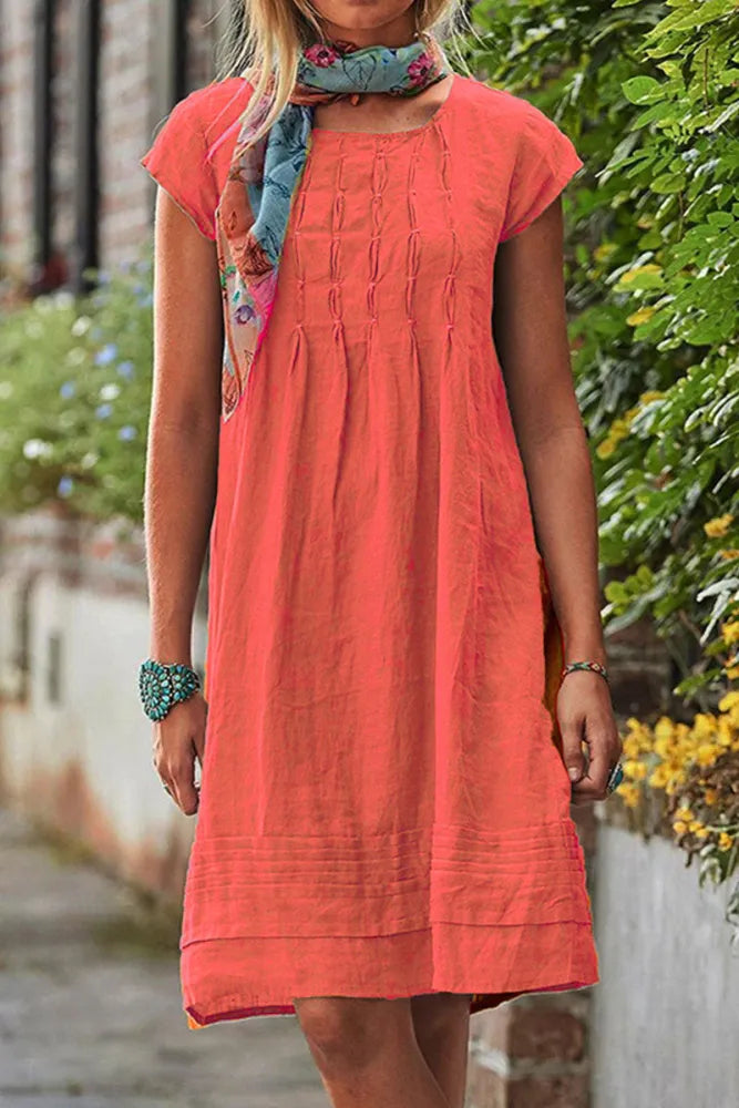 Levoire | Robe décontractée à manches courtes et col en U en patchwork uni Orange
