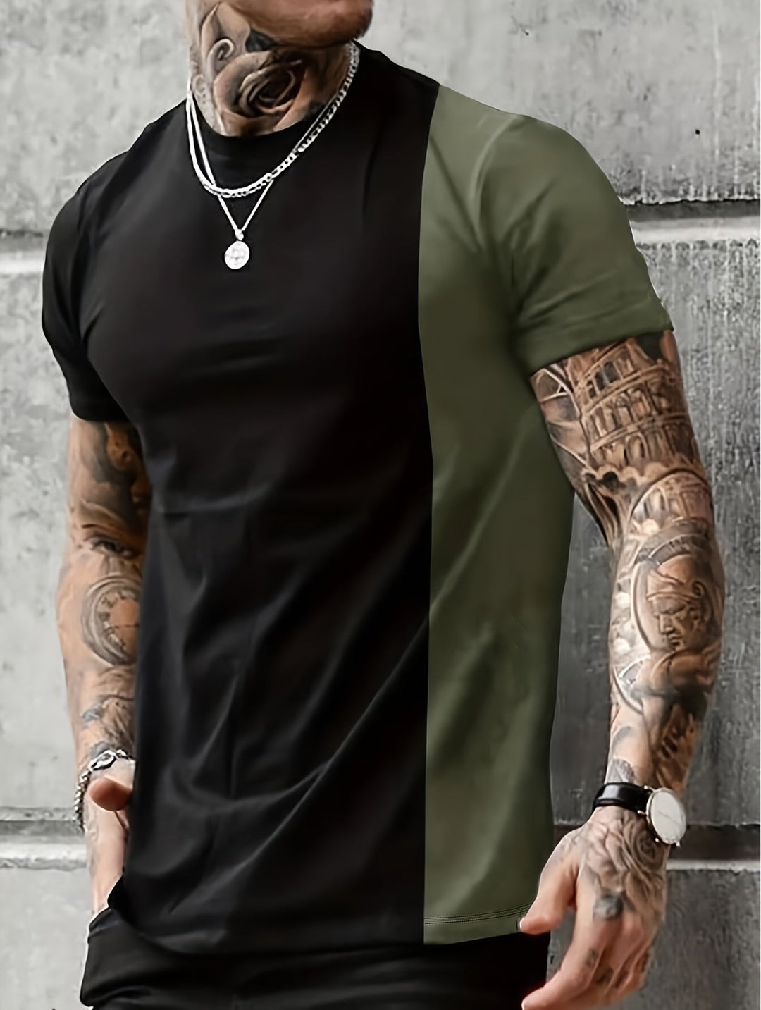 Levoire | T-Shirt Pour Hommes Avec Patchwork En Couleurs Contrastées Et Impression Couleur vert foncé
