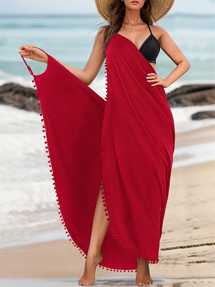 Levoire | Robe De Plage Maxi Unicolore Avec Des Décorations Pom Pom Et Décolleté En V rouge carmin
