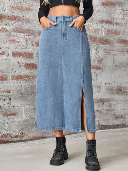 Levoire | Jupe En Denim Longue À Taille Haute Avec Fente Et Poches