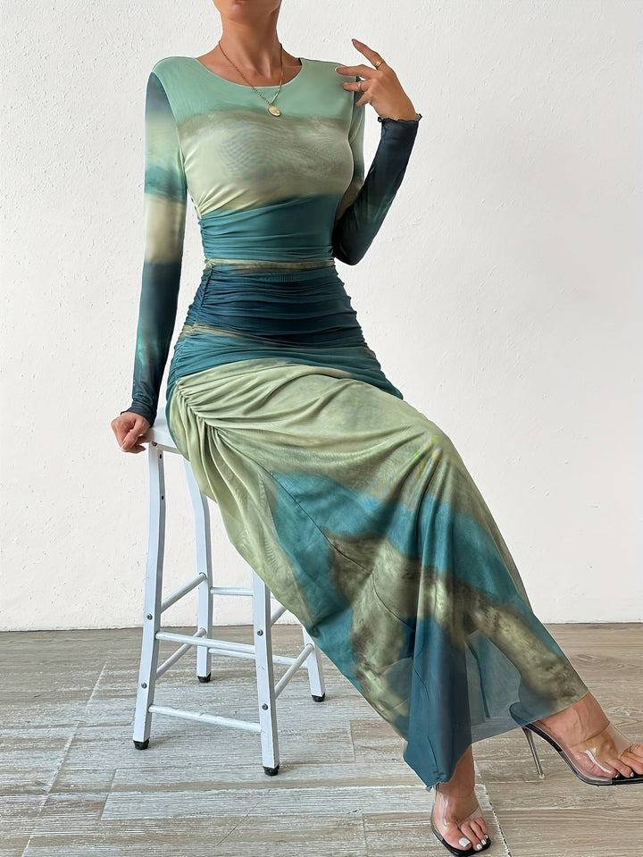 Levoire | Robe Maxi Froncée Et Ajustée Avec Motif Tie-Dye, Élégante Robe À Manches Longues Avec Encolure Ronde Pour Le Printemps Et L'Automne, Vêtements Femme