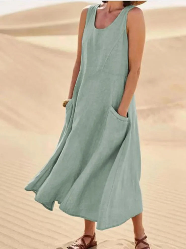 Levoire | Robe sans manches en coton et lin avec poches pour femme Vert pin