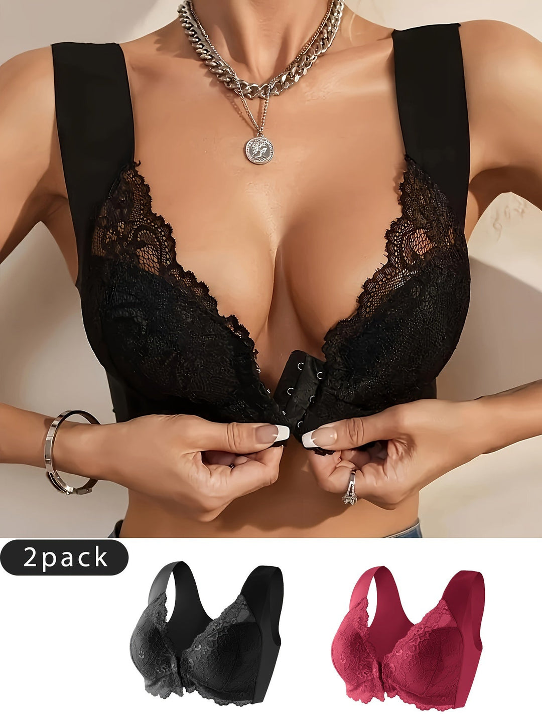 Levoire | Ensemble De Deux Soutiens-Gorge Pour Femmes Avec Fermeture À Crochet Et Détails En Dentelle Noir + Rouge vin