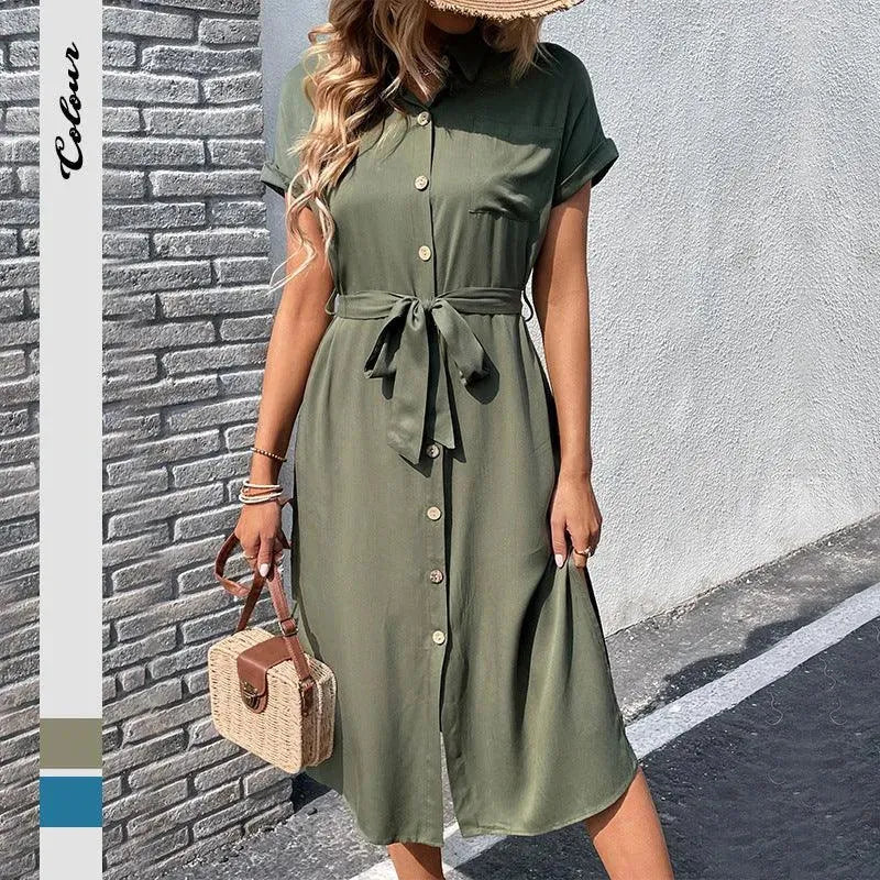 Levoire | Robe d'été longue à manches courtes, avec lien et col replié