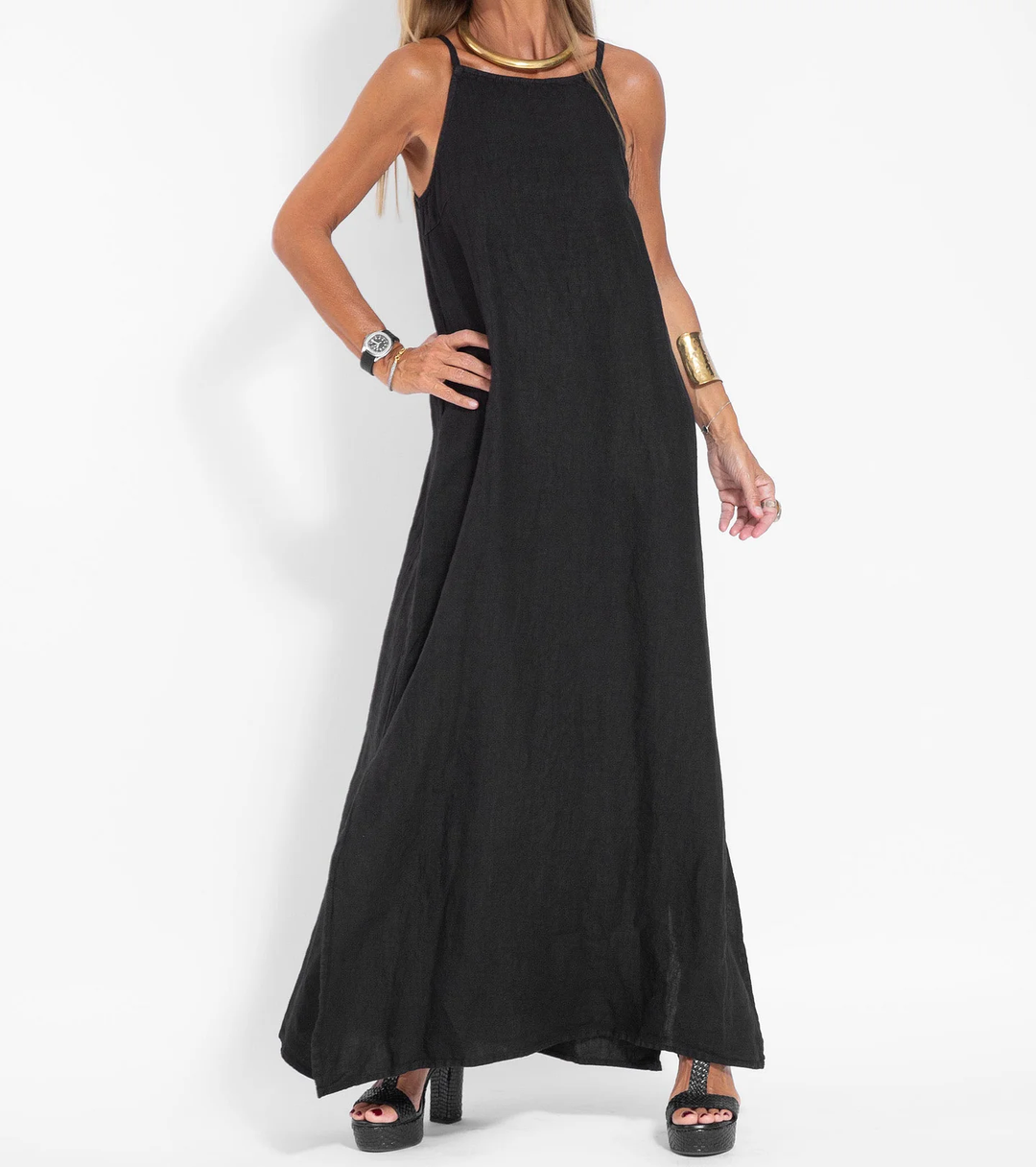 Levoire | Élégante Robe Longue Sans Manches en Coton et lin de Couleur Unie