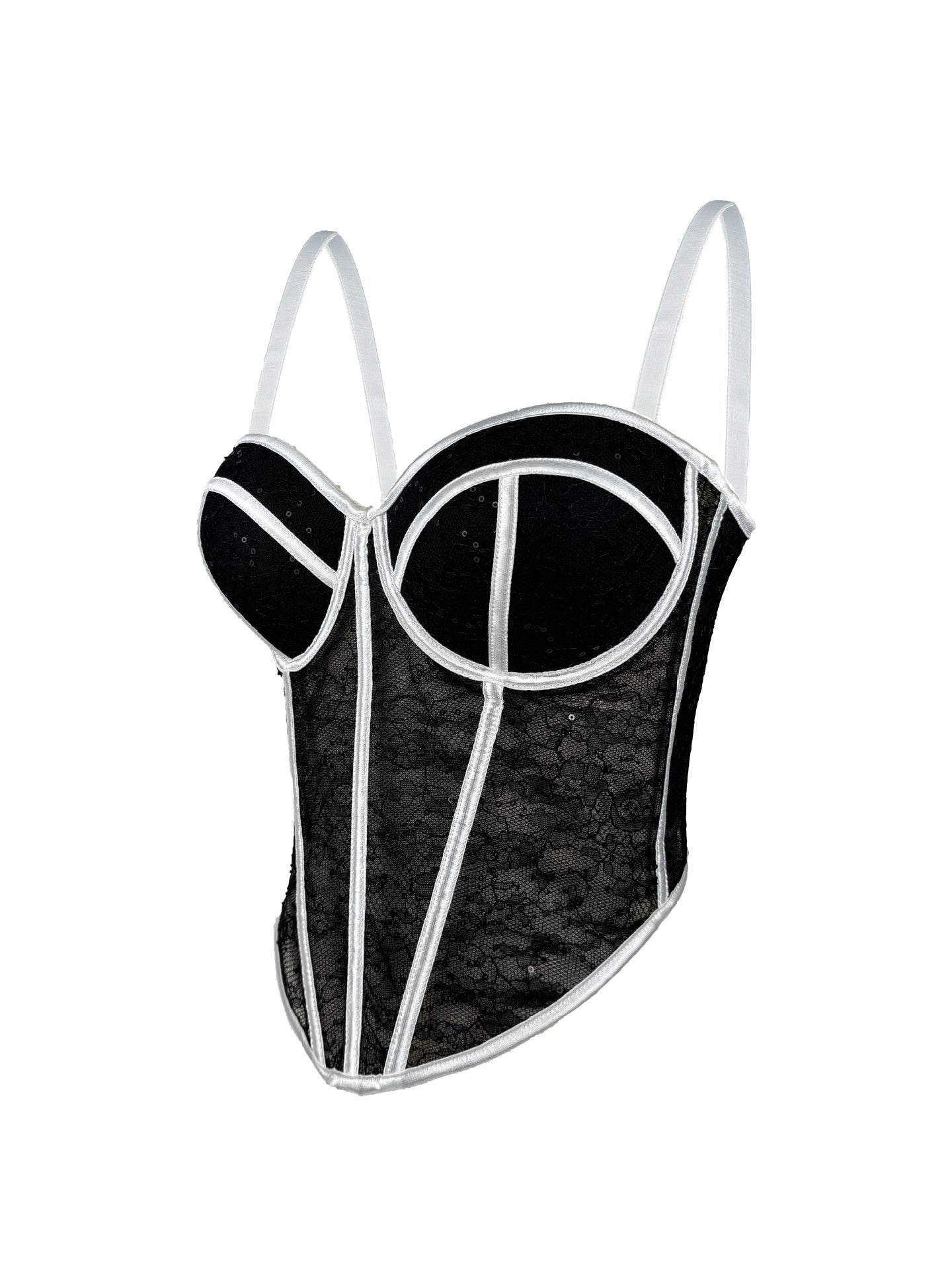 Levoire | Corset en filet transparent avec des détails en dentelle Fond noir et blanc