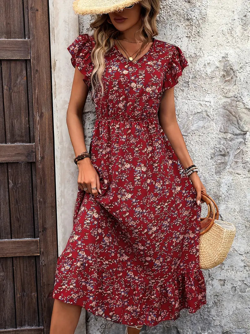 Levoire | Robe Florale Avec Décolleté En V Et Élégantes Manches À Volants