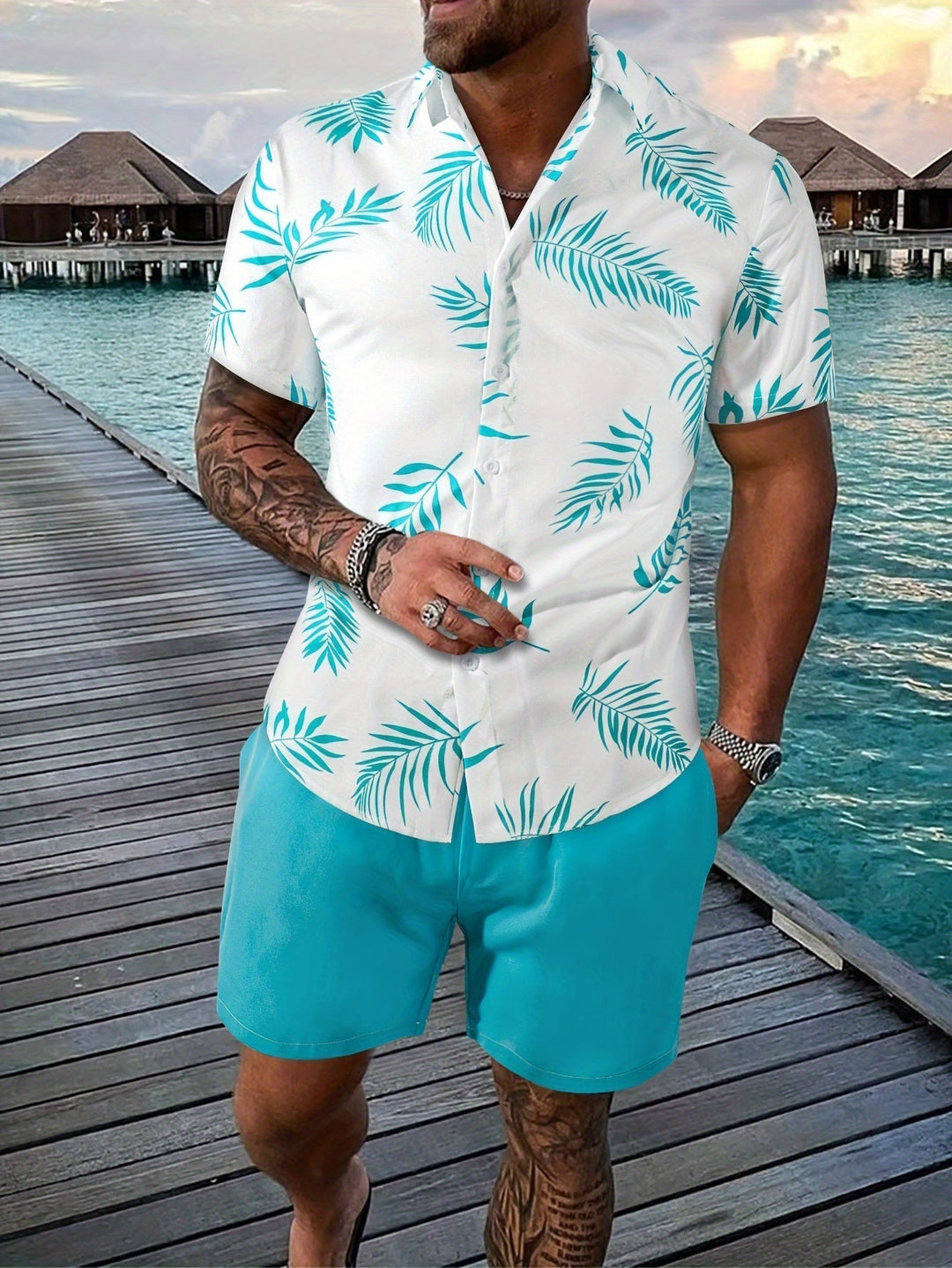 Levoire | Chemise Et Short Ensemble D'Été Pour Hommes bleu ciel