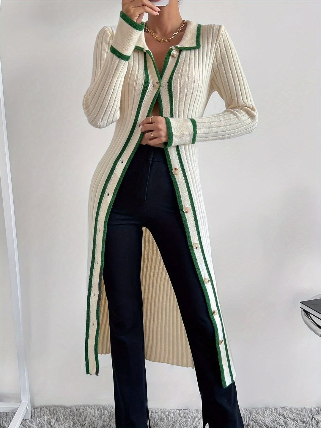 Levoire | Décoration Contrastante Et Patte De Boutonnage À L'Avant, Robe Élégante Et Étroite Avec Col Long Pour Le Printemps Et L'Automne, Vêtements Pour Femmes