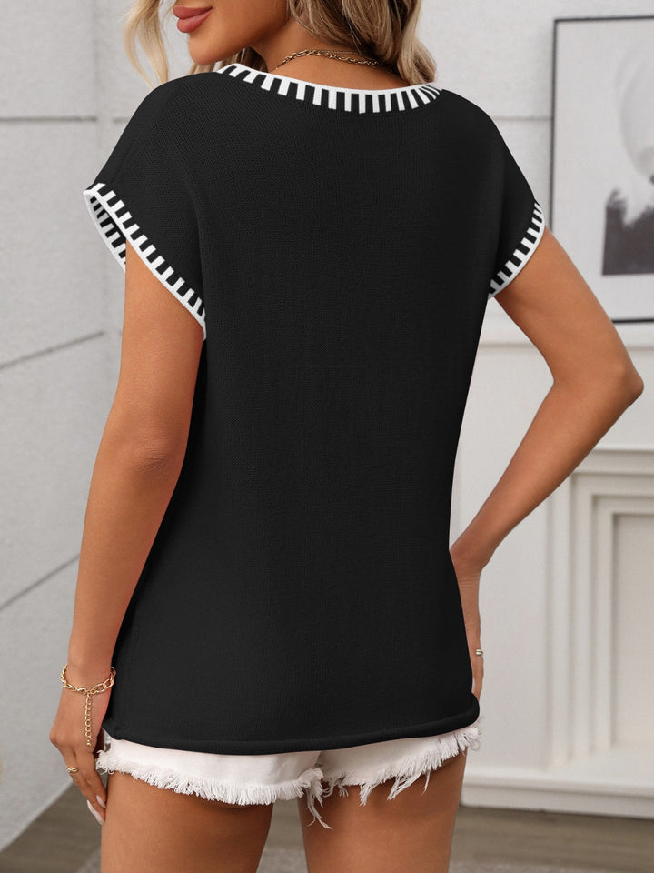 Levoire | Couleur Bord V Décolleté Manches Courtes Haut En Tricot Décontracté Chic