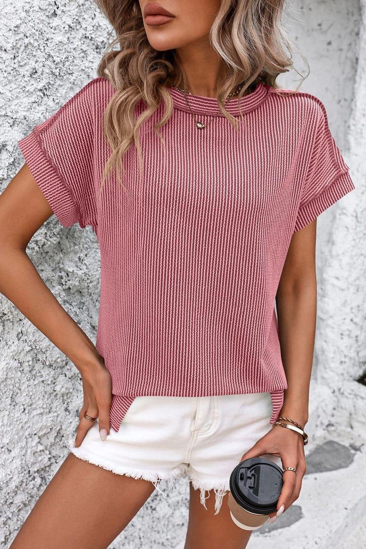 Levoire | T-Shirt Classique À Manches Courtes Rayé Avec Col Rond Rose Profond