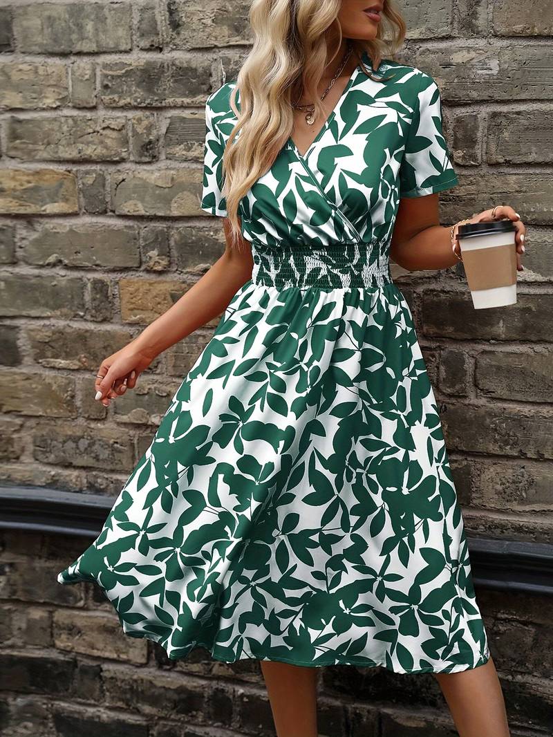 Levoire | Robe Portefeuille À Manches Courtes Avec Motif Floral Vert foncé