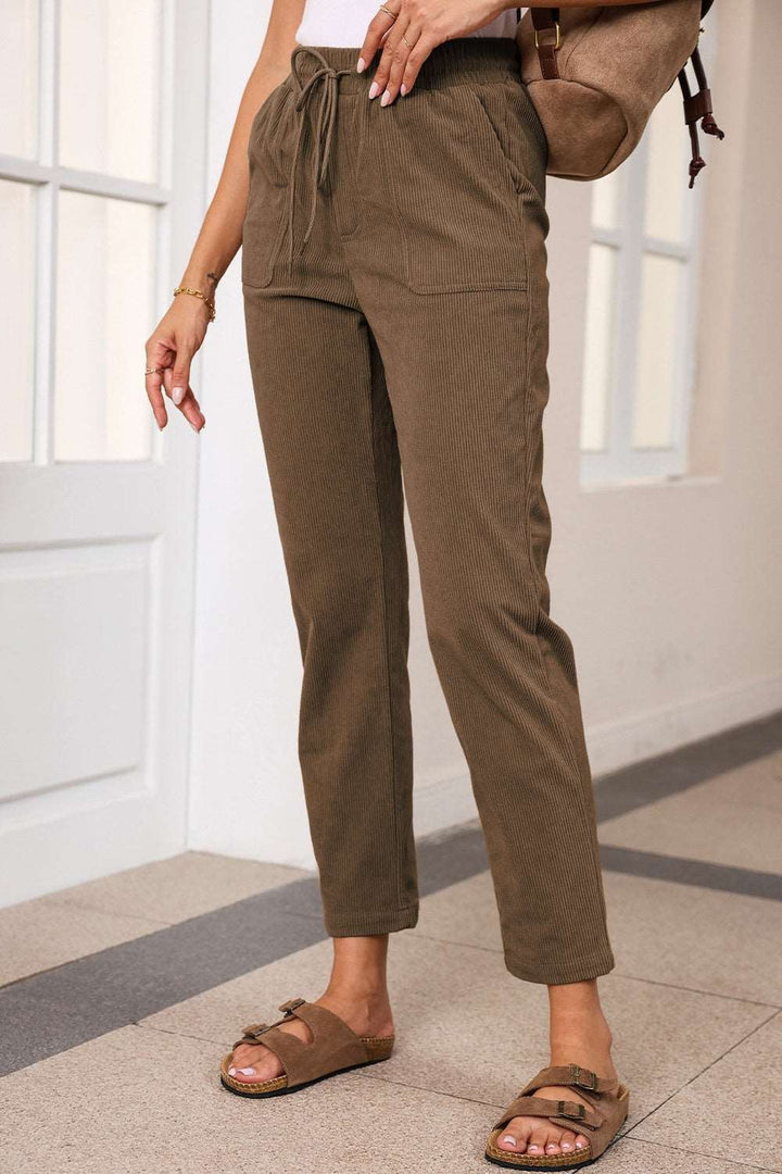 Levoire | Pantalon Droit À Rayures Avec Cordon De Serrage Et Poches Café Marron