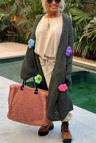 Levoire | Cardigan en tricot long avec des fleurs