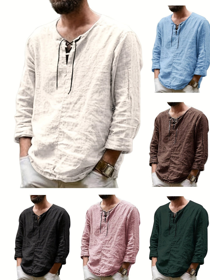Levoire | T-Shirt Henley À Manches Longues En Mélange Coton-Lin Printemps/Automne