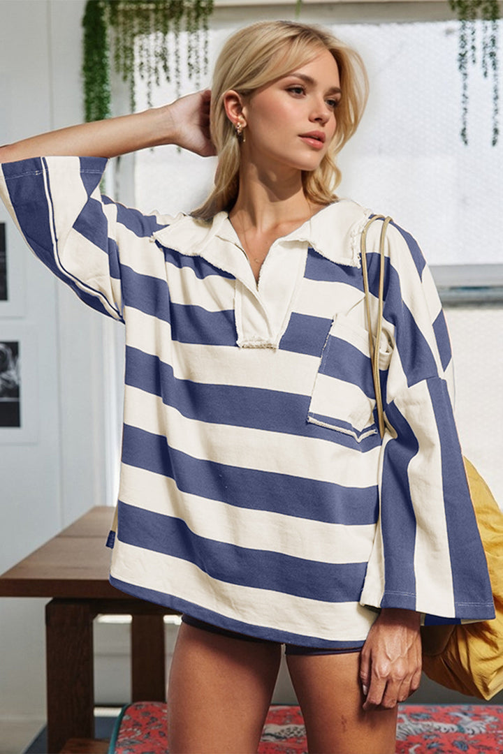 Levoire | Oh Rayé Col Jonny Manches Longues T-Shirt Bleu poussiéreux