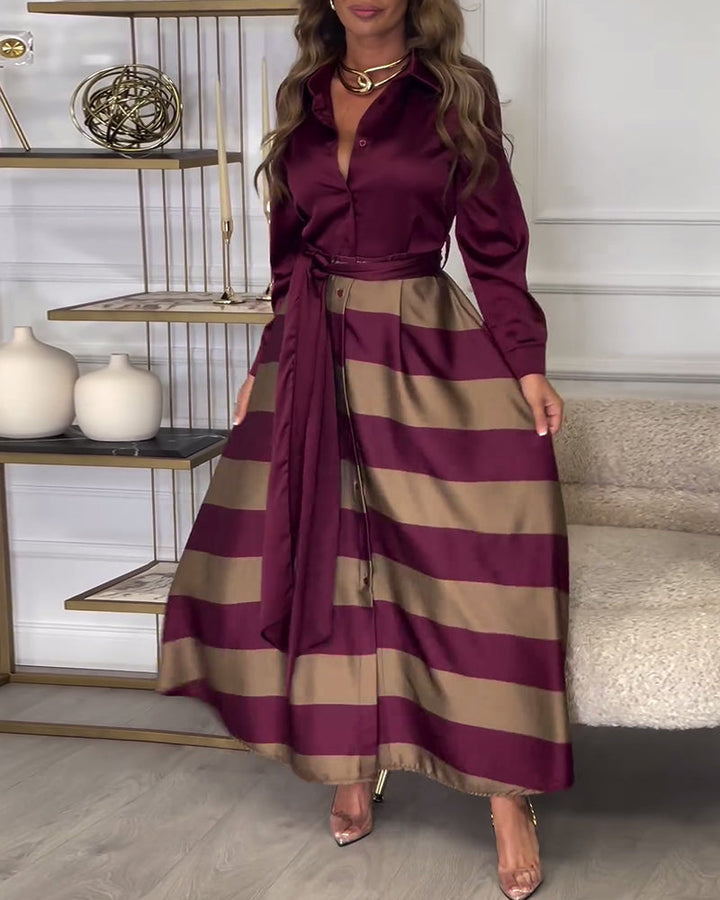 Levoire | Robe Élégante À Rayures Imprimées Avec Revers Et Ceinture Lila