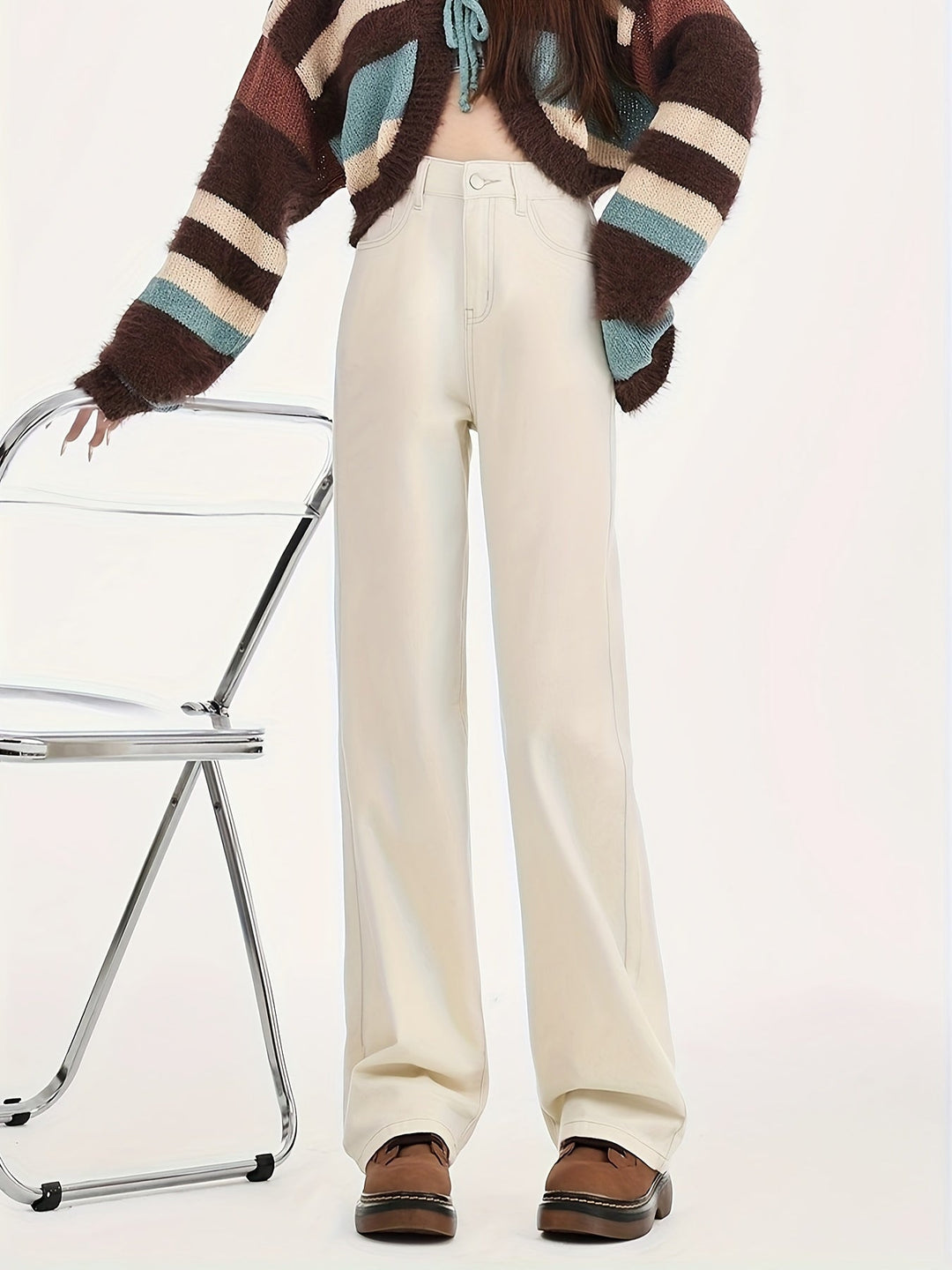 Levoire | Élégant Taille Haute Beige Clair Pantalons Larges