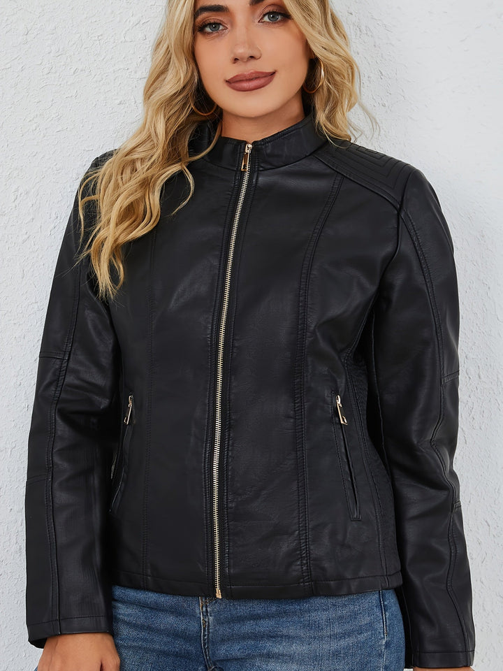 Levoire | Veste En Simili Cuir Décontractée Plus Size Pour Femmes Avec Fermeture Éclair Et Revers Noir