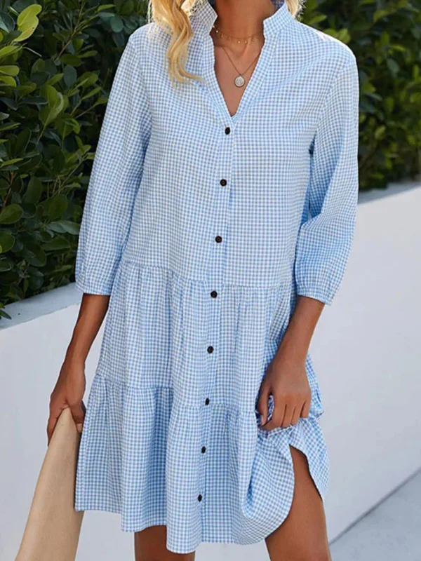 Levoire | Robe chemise décontractée en ligne A, boutonnée, à carreaux et à haut décolleté