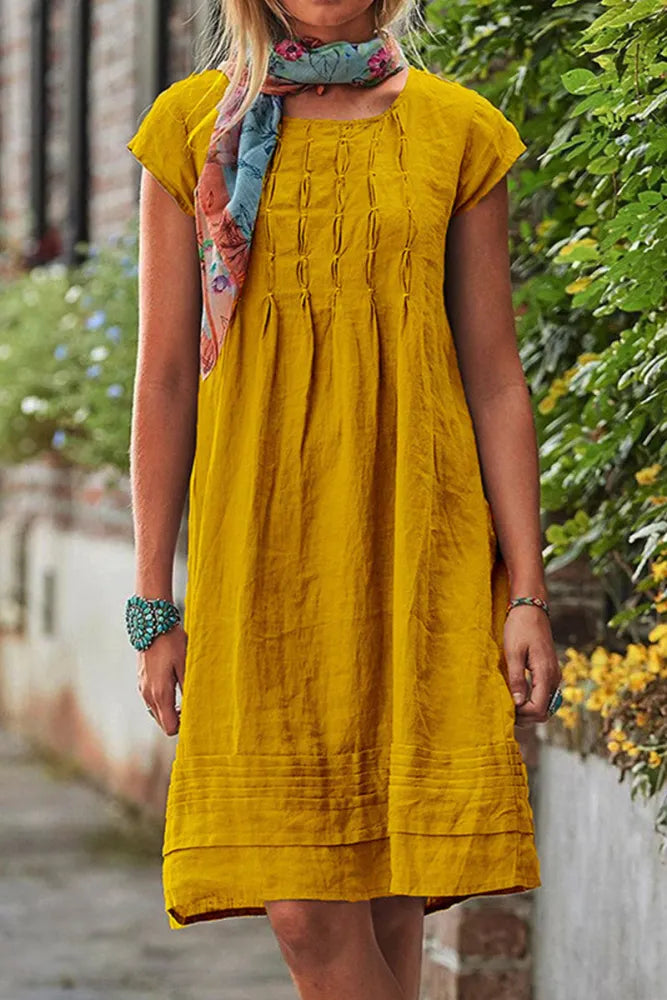 Levoire | Robe décontractée à manches courtes et col en U en patchwork uni Jaune