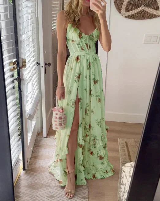 Levoire | Robe De Longueur Midi Avec Fleurs Élégante Robe De Soirée Vert