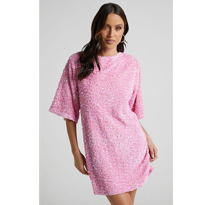 Levoire | Robe en velours à paillettes et à manches courtes à la mode Rose