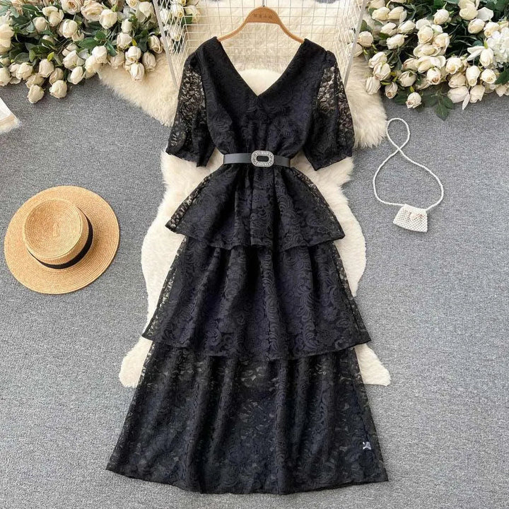 Levoire | Robe V couleur et cordon à la taille pour femmes Noir Une taille
