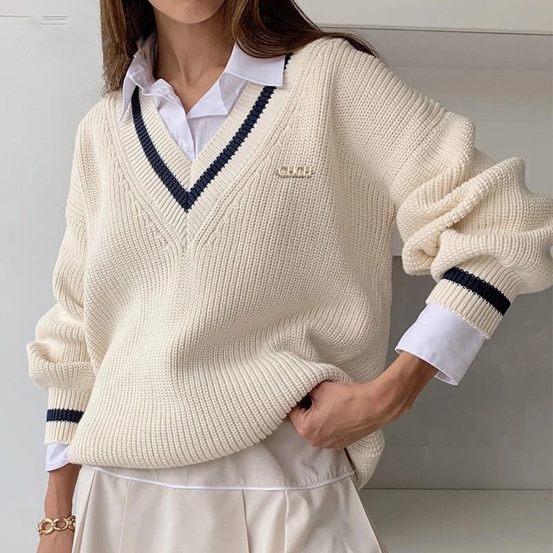 Levoire | Pull En Tricot Élégant Avec Décolleté En V Beige