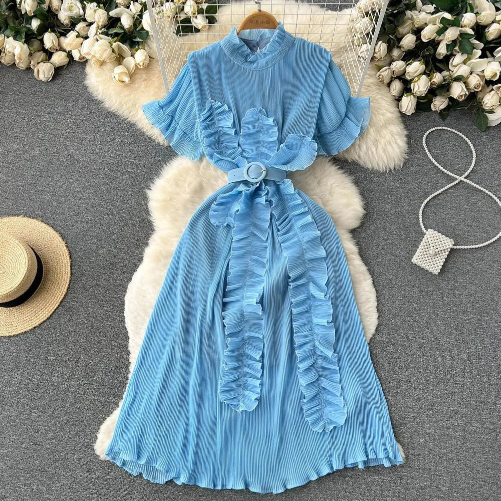 Levoire | Robe maxi à manches longues avec des volants plissés Bleu Taille libre