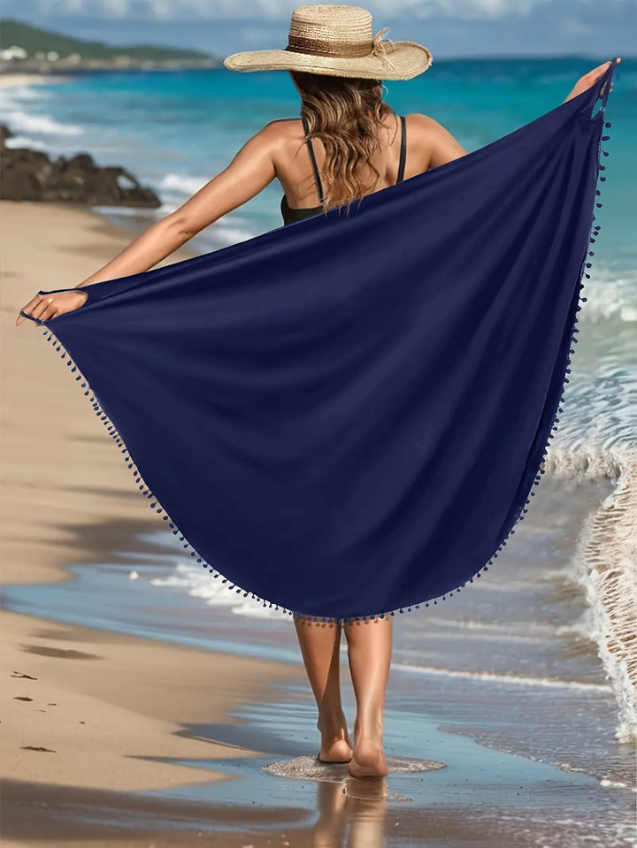 Levoire | Robe De Plage Maxi Unicolore Avec Des Décorations Pom Pom Et Décolleté En V