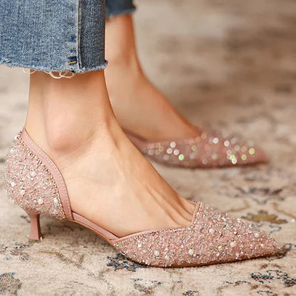 Levoire | Stylish Pointed Toe Shoes With Mid Heels, Featuring A Sparkling Surface Rosa