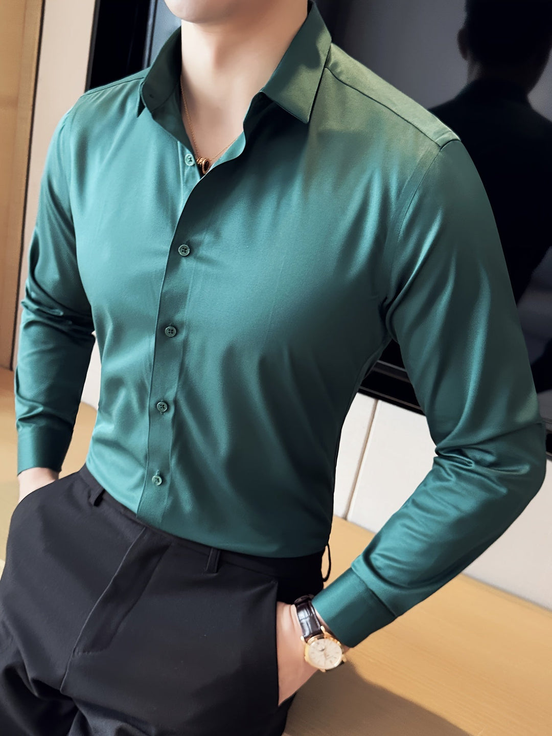 Levoire | Classique Uni Manches Longues Chemise Vert foncé