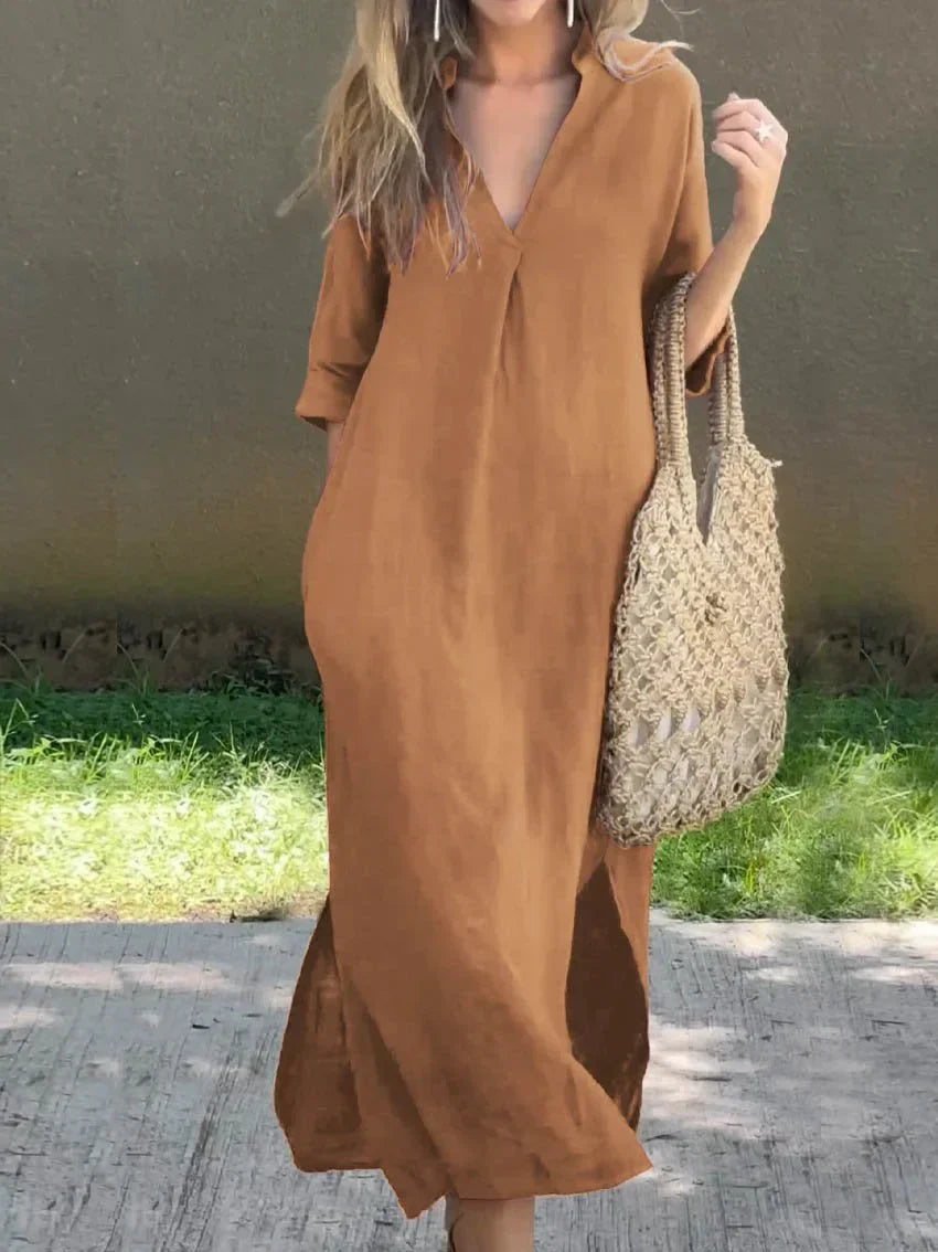 Levoire | Robe en lin à col en V de couleur unie pour femme, avec poche et col en V Kaki