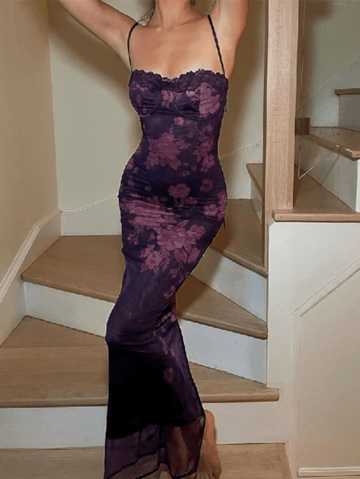 Levoire | Robe Maxi À Imprimé Vintage Avec Bord En Dentelle Et Dos Nu