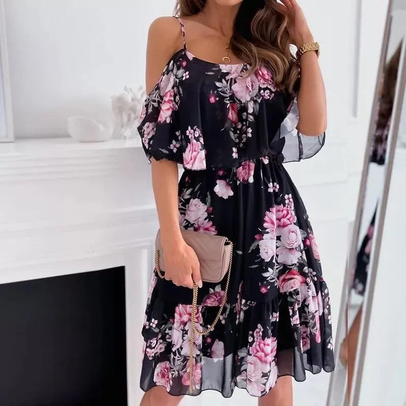 Levoire | Imprimé floral robe d'été avec des rubans décoratifs Noir
