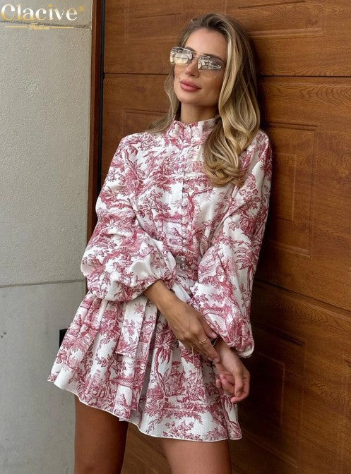 Levoire | Robe Femme Délicieuse Avec Impression, Robe Mini Moderne À Col Haut Avec Manches Bouffantes
