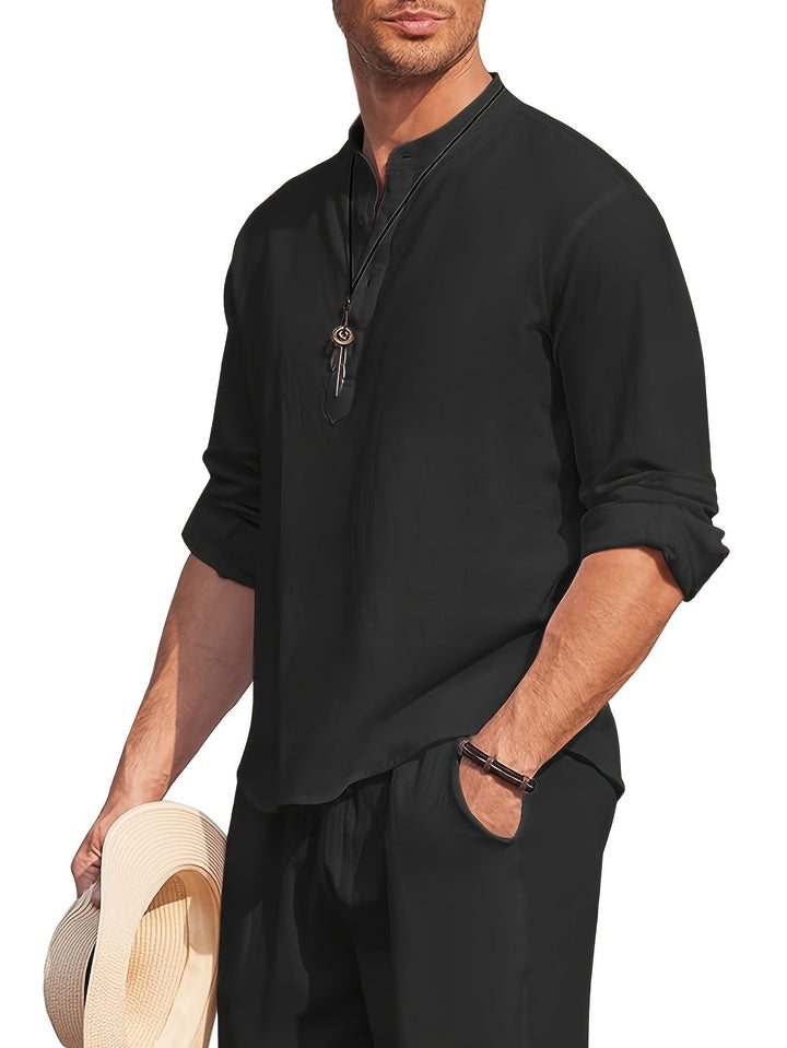 Levoire | T-Shirt Henley Homme Style Rétro À Manches Longues Uni