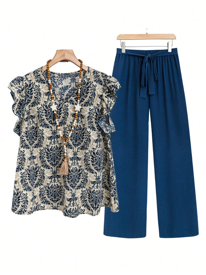Levoire | Cap Ruffle Top Et Pantalon Set Indigo