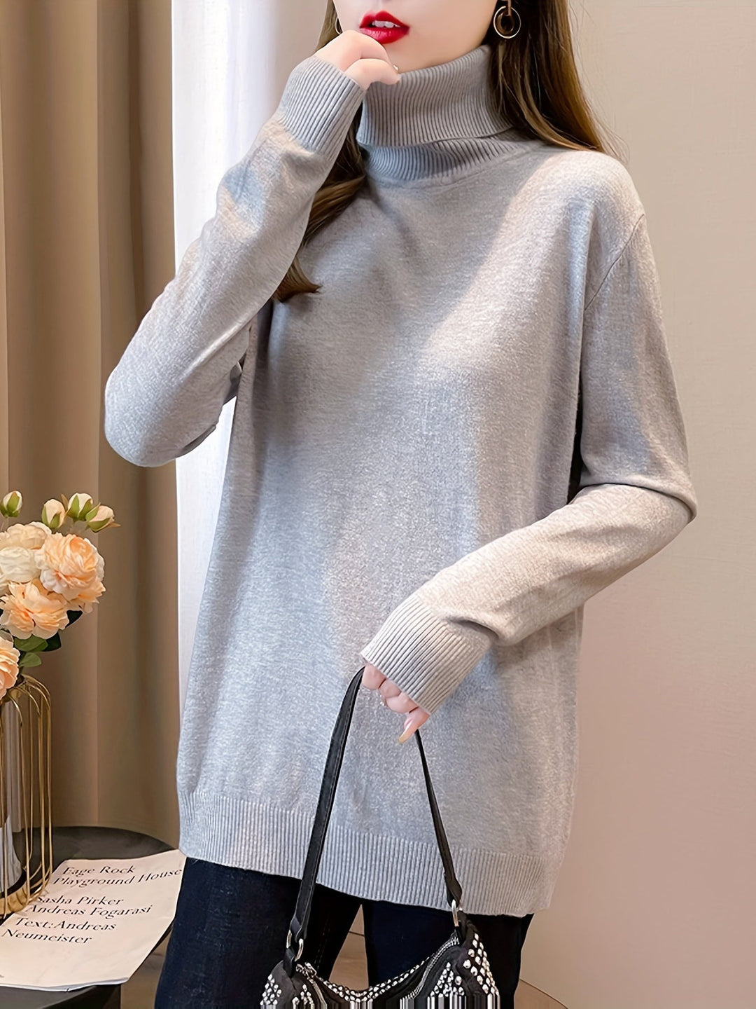 Levoire | Simple Tricot Col Montant À Manches Longues Gris clair