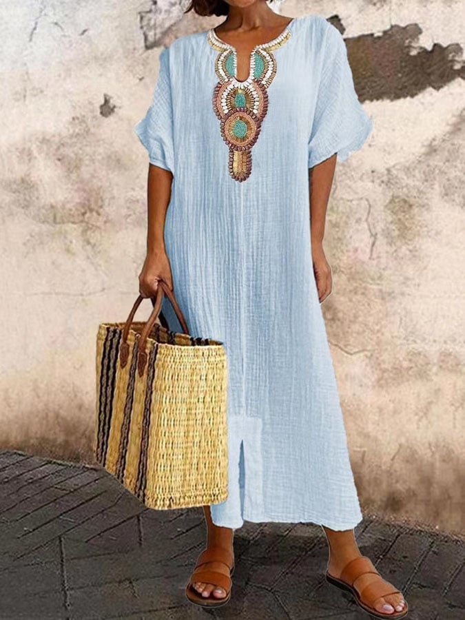Levoire | Robe Longue À Manches Courtes Pour Femmes Bleu