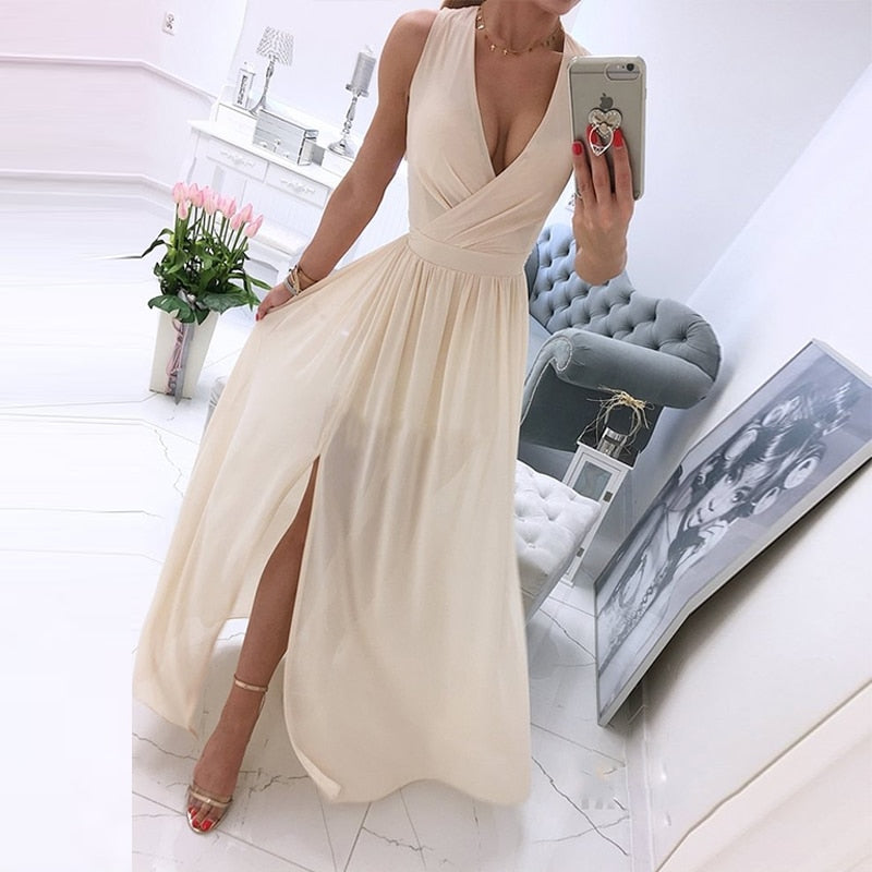 Levoire | Robe de plage sans manches à col en V profond pour femme Chiffon Abricot