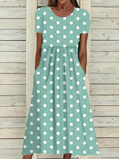Levoire | Robe Courte À Manches Courtes, Légère, À Pois Avec Col Rond Vert