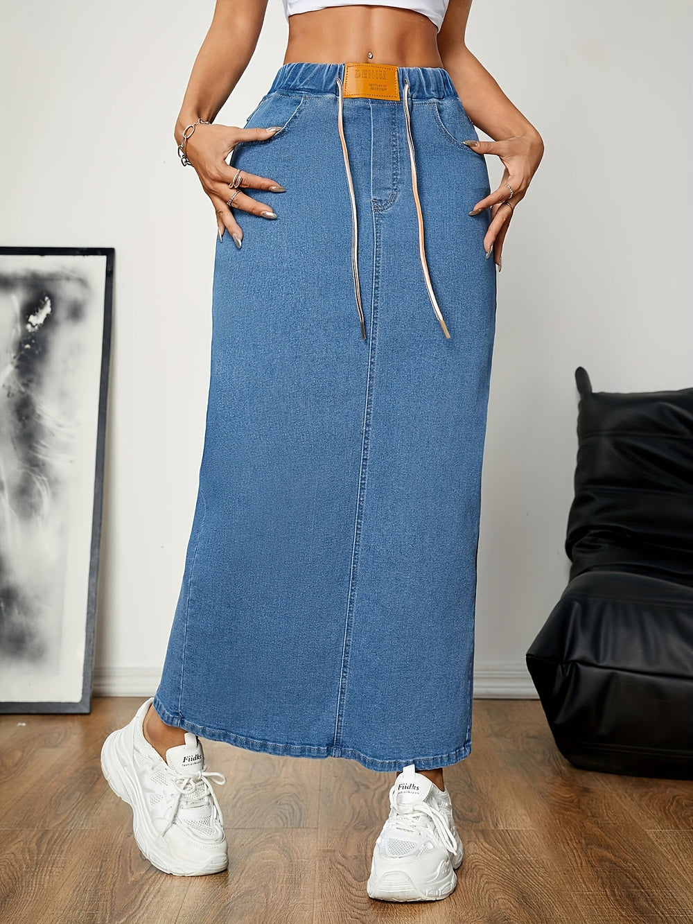 Levoire | Lavé Bleu Maxi Jean Jupe Avec Dos Fendu Et Ceinture À Nouer