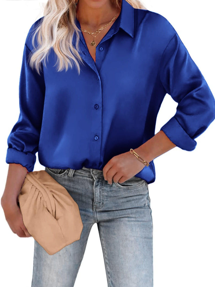Levoire | Top Satin Décontracté Avec Bouton Et Manches Longues Bleu
