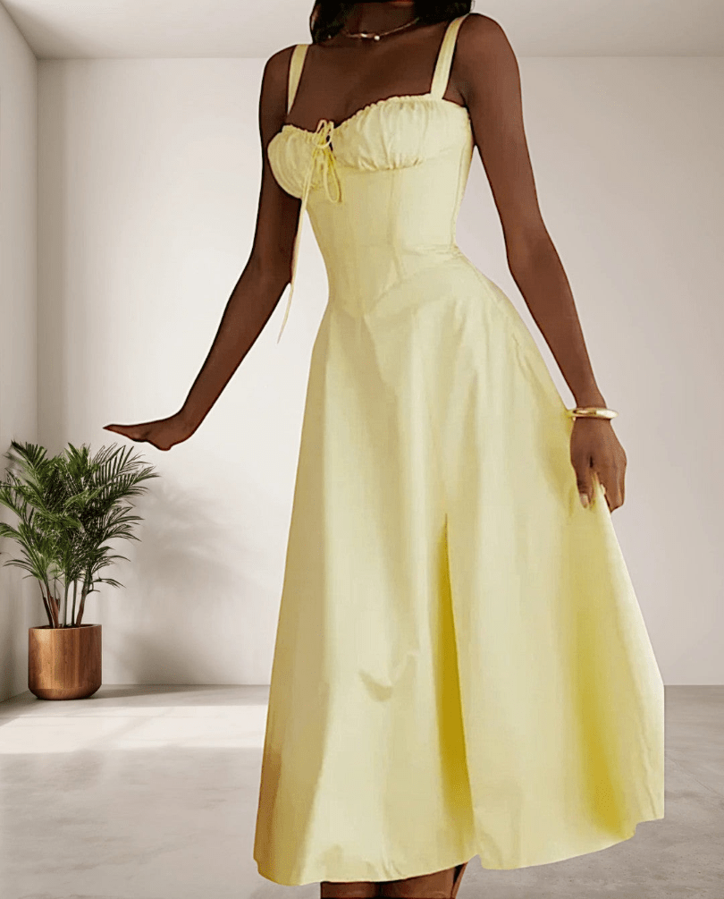 Levoire | Robe Midi Femme avec Fines Bretelles en Spaghetti & Cordon de Serrage Confortable & Tendance Jaune