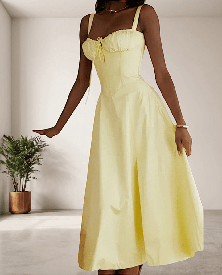 Levoire | Robe Midi Femme avec Fines Bretelles en Spaghetti & Cordon de Serrage Confortable & Tendance Jaune